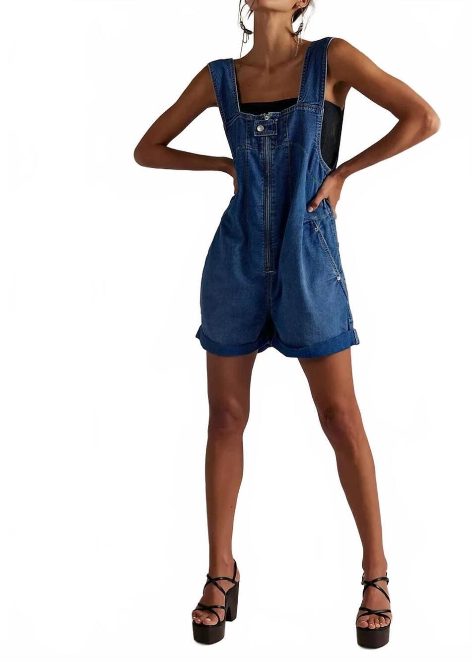 NEW FREE PEOPLE jude four-pocket design shortalls in mid indigo